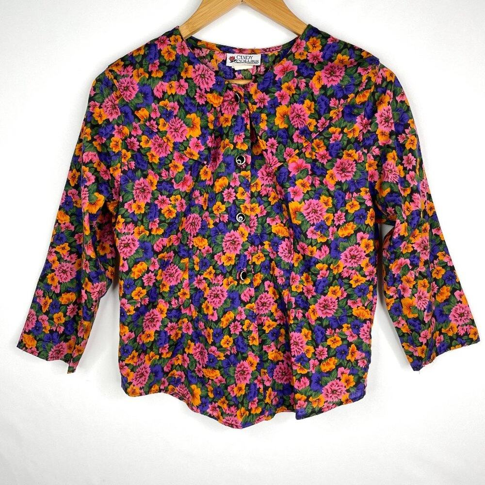 Vintage Cindy Collins Bold Floral Large Collar Button Down Blouse